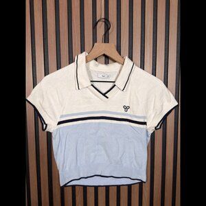 TNA Polo Shirt Medium Womens White Blue Colorblock Cotton Nylon Cropped